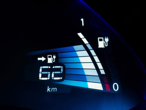 Electric car panel. Remaining battery charge in km. 