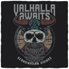 T-shirt or poster design with illustration of a Viking skull in a helmet.