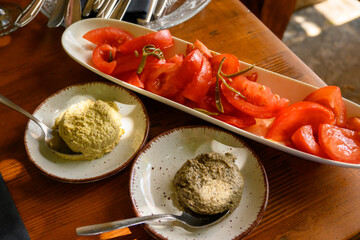 Homemade green and black olive paste served on the island of Brac in Croatia