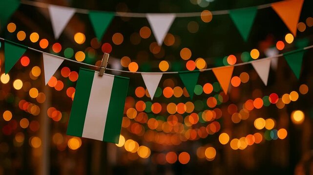 Nigerian Independence Day celebration with green, white, and orange bunting and festive lights. Symbol of national pride and cultural unity