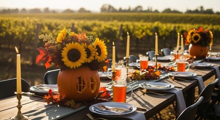 Fall harvest Thanksgiving celebration in a vineyard. Pumpkin centerpiece and sunflowers. Ideal for seasonal events, farm-to-table promotions, and autumn festivities.