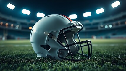 A dramatic low-angle shot of a football helmet on turf, capturing sports energy and intensity.