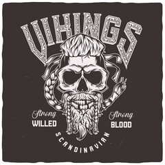 T-shirt or poster design with illustration of a Viking skull with beard