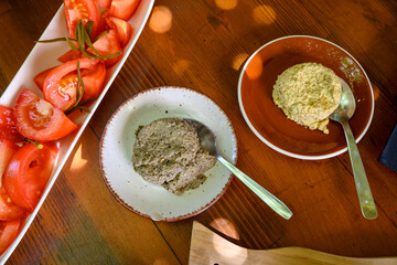 Homemade green and black olive paste served on the island of Brac in Croatia