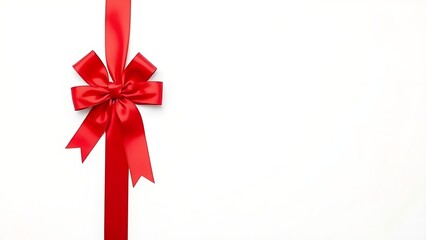 A red satin ribbon tied in a perfect bow stands out against a pristine white background.