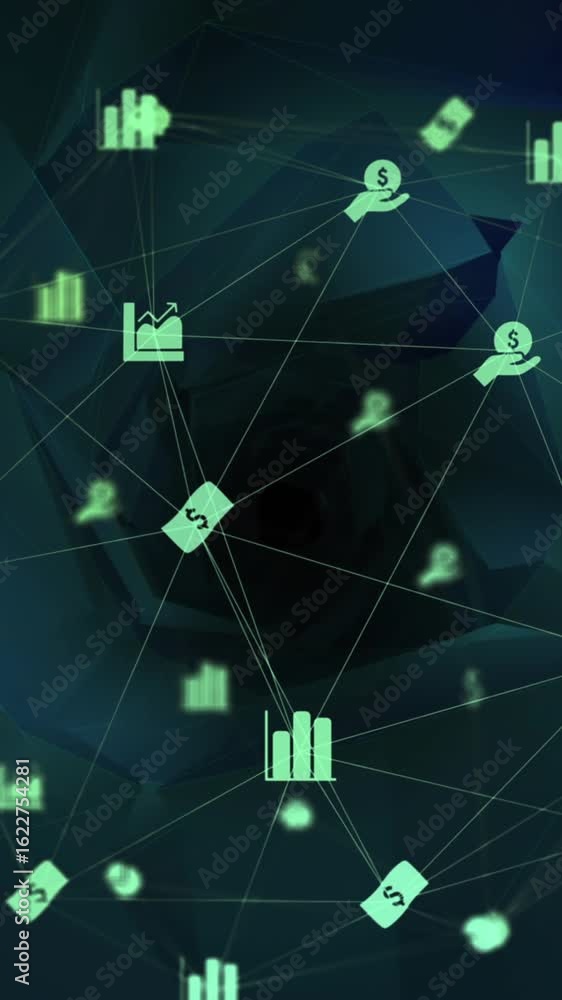 Poster animation of connections with icons over digital space with shapes