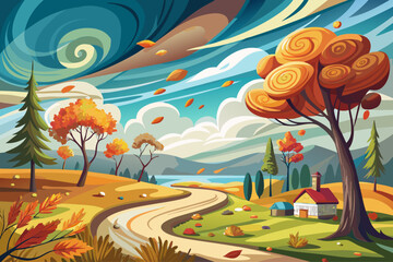 vector of Wind and storms in the autumn season have created a beautiful and pleasant scene.