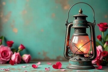 Antique lantern, faded paint, floral details, Valentine's theme , metal, elegant, decor