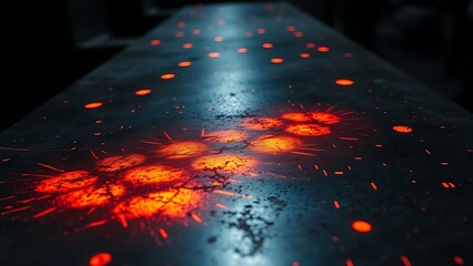 Glowing orange patterns dance across an industrial metal surface, creating an abstract play of light and shadow.
