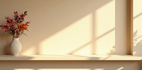 Beige plaster wall, empty shelf, sunlit floral shadows, product placement, photography, promotion