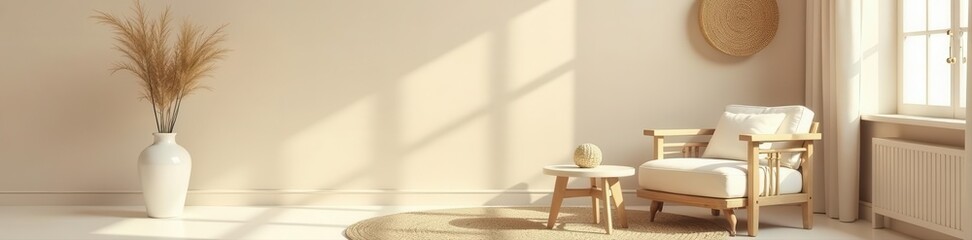 Beige walls, white furniture, woven textures, minimalist decor , living room, home staging, modern
