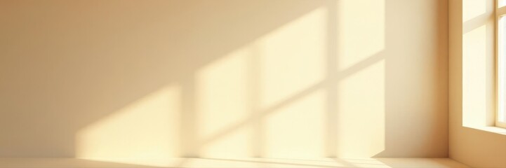 Beige backdrop, delicate wall and window shadows, clean presentation, natural light, product