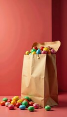 Brown paper gift bag in corner, traditional candies cascade onto bright backdrop Happy Holidays sale promotion , festive, sweet, christmas