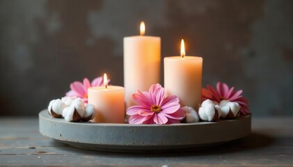 Concrete tray with candles and cotton blooms, ample copy space , still life, blank
