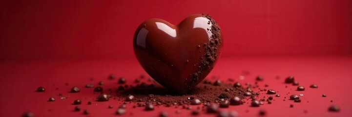 Dark chocolate heart, glossy sheen, red backdrop, treat, gift, dark
