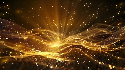 Obraz premium Dark brown background, digital signature with particles, sparkling waves, curtains and areas with deep depths. The particles are golden light lines