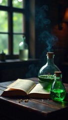 Dark wood table, bubbling potions, open spellbooks , moon, fantasy