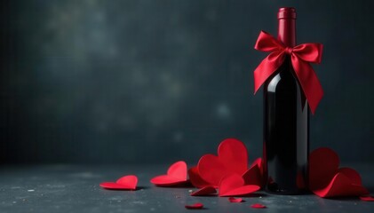 Dark concrete, wine bottle with crimson satin bow, romantic Valentine's , gift, concrete, red wine