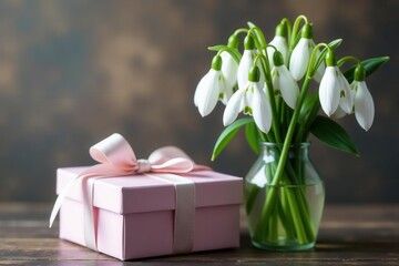 Delicate snowdrop bouquet beside elegant gift box , box, elegant