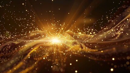 Naklejka premium Dark brown background, digital signature with particles, sparkling waves, curtains and areas with deep depths. The particles are golden light lines