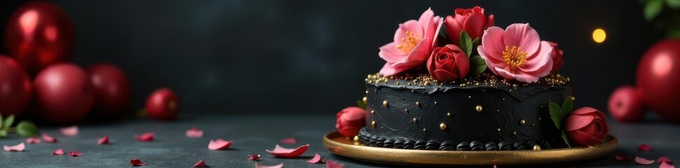 Elegant black cake, gold accents, flowers, balloon , sophisticated, confectionery, event