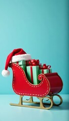 Elegant sleigh, neatly stacked gifts, Santa hat accent; pastel blue background , green, ornate