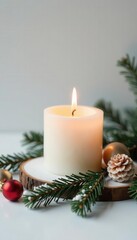 Glowing white candle, Xmas decor, snow Minimalist white background , serenity, simple