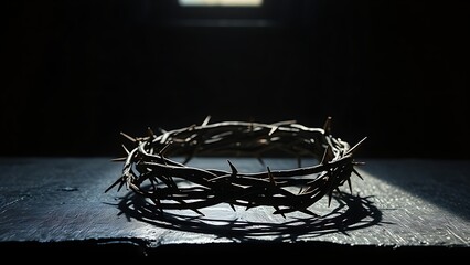 A symbolic crown of thorns resting on a dark surface, representing Christian sacrifice and devotion.