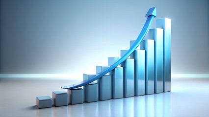 Photo of a 3d render of a metallic bar graph with a blue arrow curving upwards, symbolizing business growth and financial success, isolated on white background