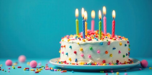 Rainbow iced birthday cake, colorful sprinkles, lit candles, blue background, colorful, vanilla, layered