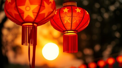 Obraz premium Glowing red and yellow star lanterns against a golden sunset, symbolizing Vietnam National Day's vibrant celebration.