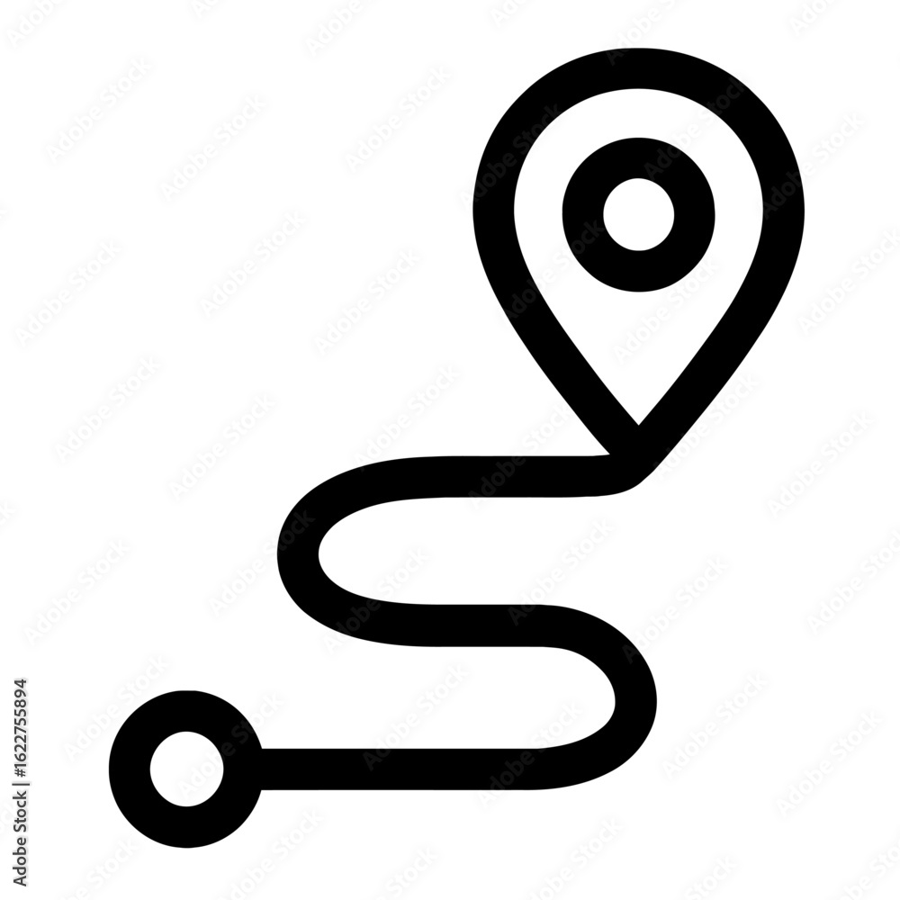 Poster minimalist vector icon of a map pin with a winding route for travel and navigation