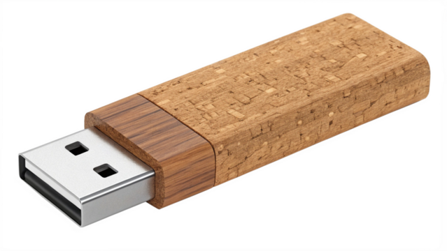 Eco-Friendly USB Flash Drive: An eye-level shot spotlights a chic, environmentally conscious USB flash drive, showcasing its natural cork casing and sleek design, a symbol of sustainable innovation.