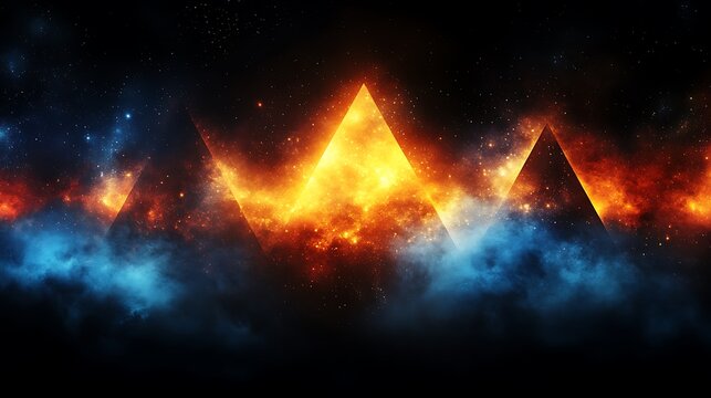 Abstract design of triangles with fiery nebulae.