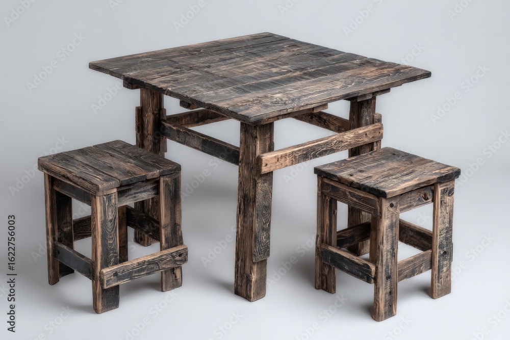 Poster rustic wooden table and stools set in a minimalist design for cozy dining or working spaces
