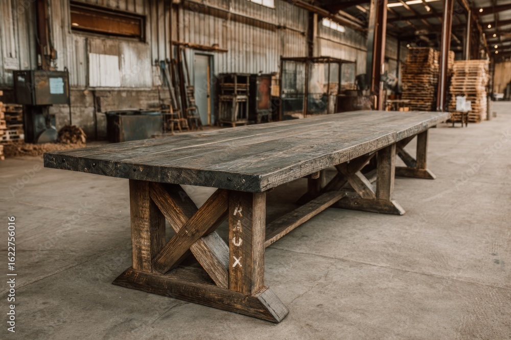 Poster rustic wooden table displayed in an industrial warehouse setting with sunlight filtering through lar