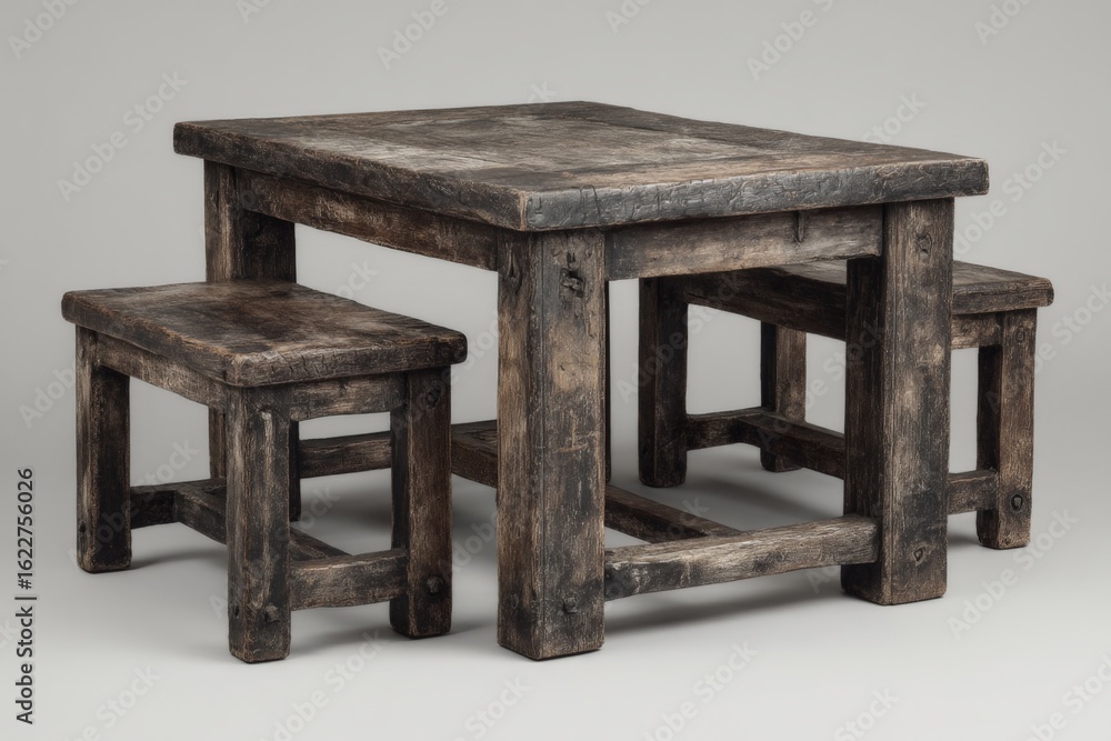 Poster rustic wooden table and stools arranged for gathering in a cozy setting