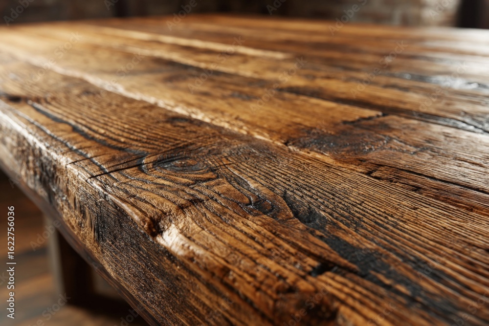 Poster detailed close-up of rustic wooden table showcasing grain patterns and texture in warm, inviting set
