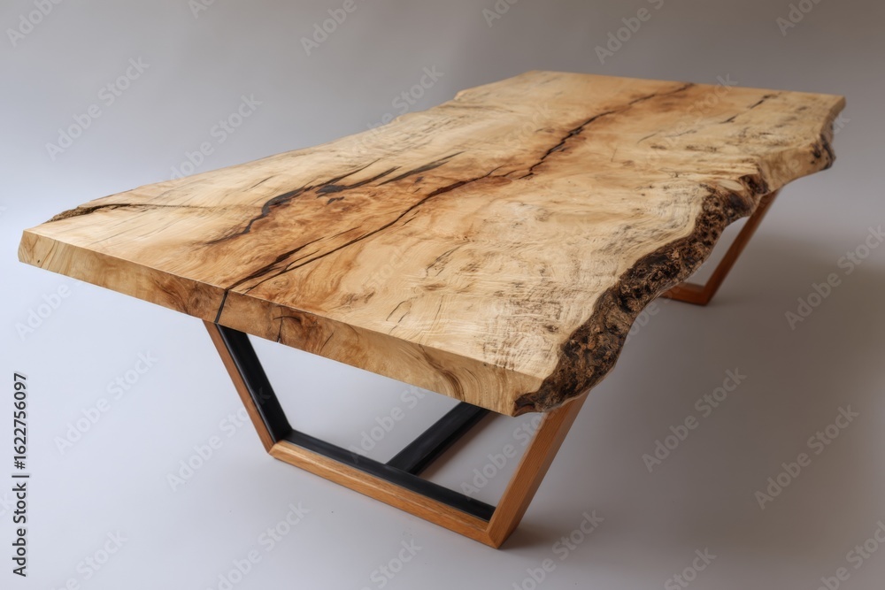 Poster rustic wooden table with unique grain patterns and modern metal legs displayed on a neutral backgrou