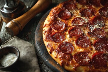 Freshly baked pepperoni pizza served on wooden board with seasonings beside it at cozy eatery