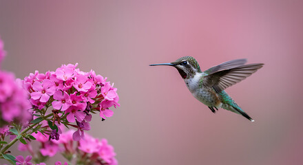 Hummingbird feeding on vibrant pink blossoms, capturing delicate motion and natural beauty in a serene floral environment
