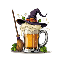 Brewing up a bewitching Halloween with frosty beer and witch s hat in on transparent background