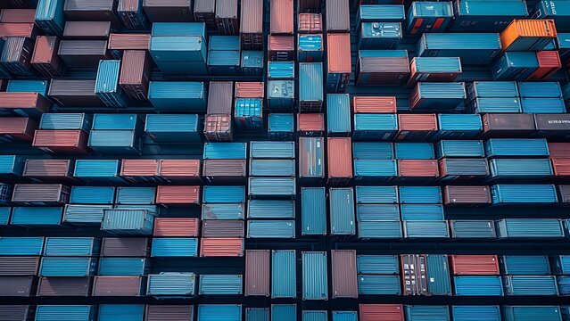 Aerial view of shipping containers arranged in striking geometric patterns under soft morning light.