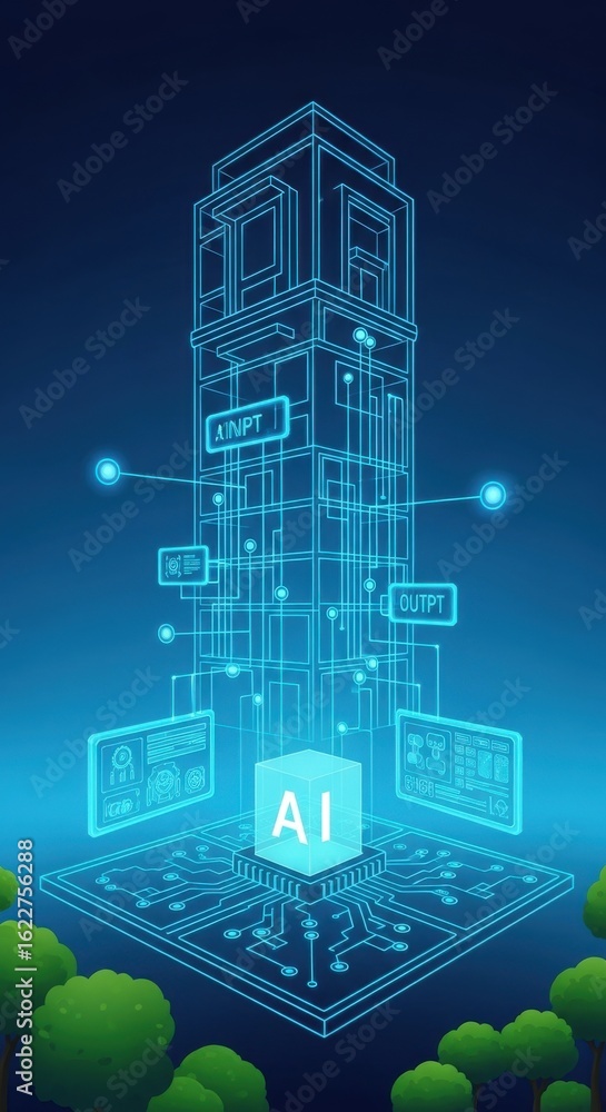 Poster futuristic ai architecture connecting data in a digital landscape scene