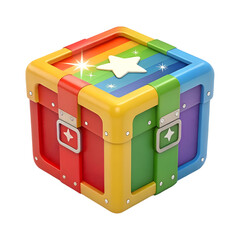 Colorful Cartoon Treasure Chest with Star and Rainbow Stripes on Black Background – 3D Render.