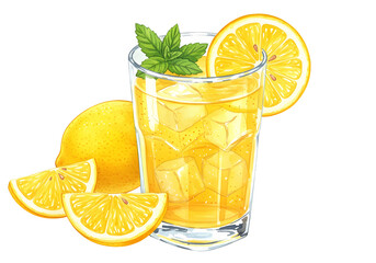 A glass of bright yellow lemonade with ice, a lemon slice, and mint, surrounded by lemon slices on a transparent background. AI generated.