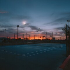 Blue Tennis Court at Dusk