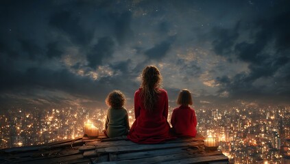 Mother and children watching a city light up at night.