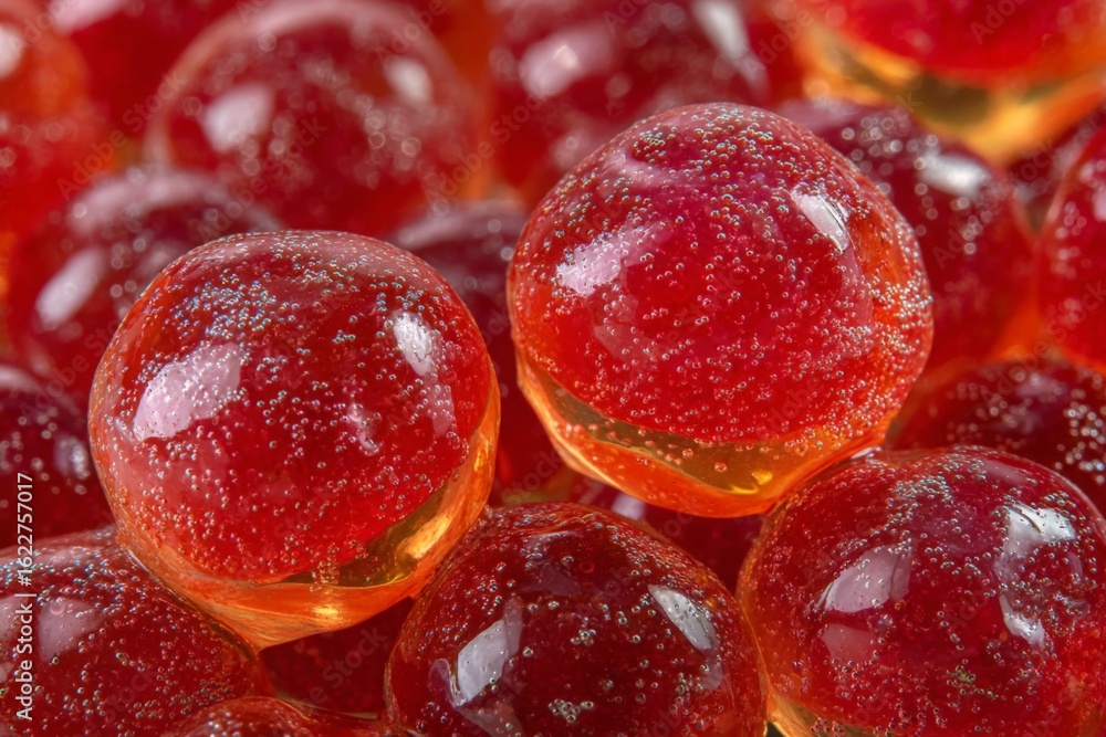Poster red spheres glisten under soft light displaying intricate textures and bubbles in a vibrant arrangem