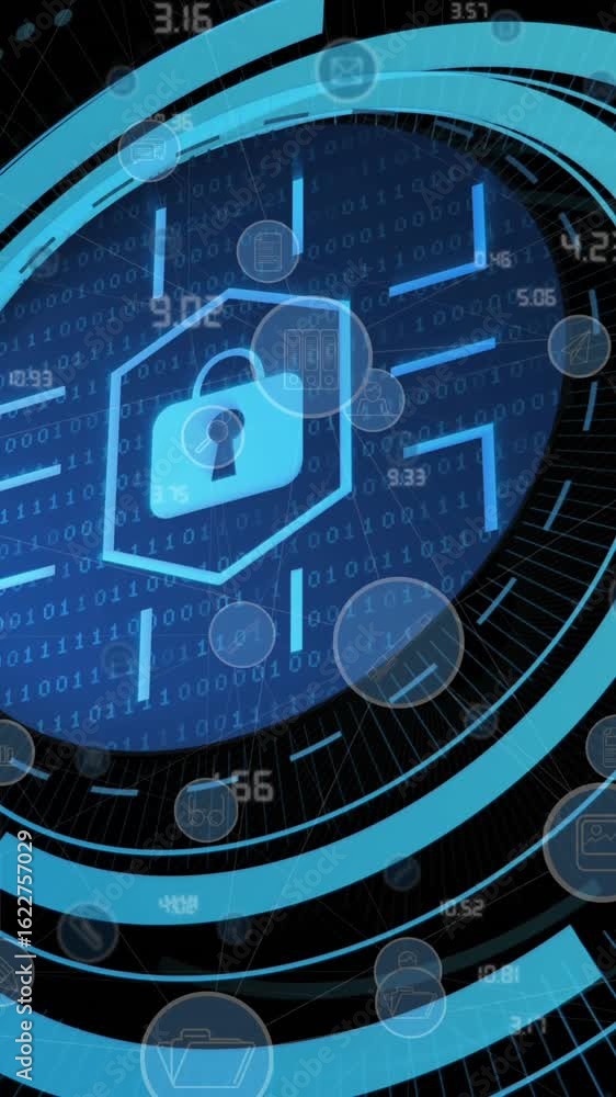 Poster animation of padlock icon and data processing over media icons